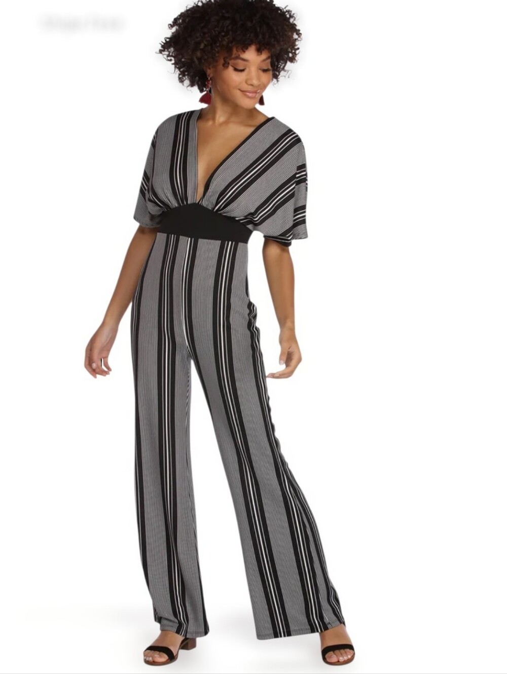 Striped V-Neck Wide-Leg Jumpsuit - Black & White